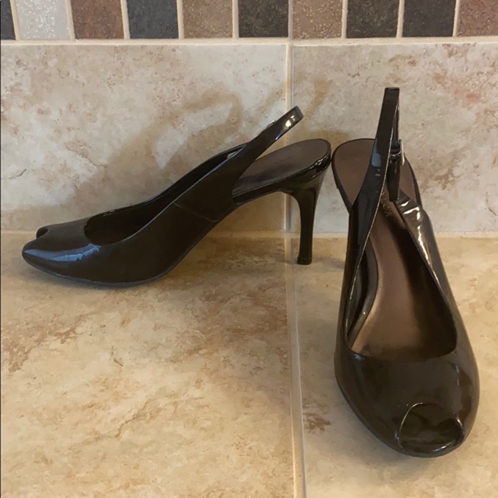 Black Patent Leather Peep Toe Heels